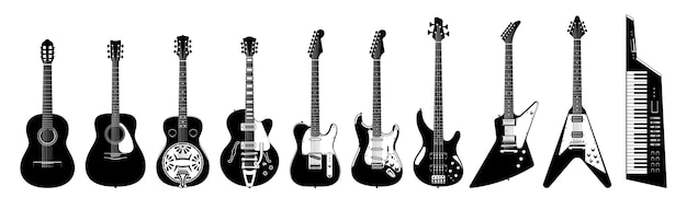 Vector juego de guitarra. guitarras acústicas y eléctricas sobre fondo blanco. ilustración monocromática. instrumentos musicales. colección