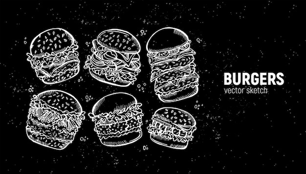 Juego de hamburguesas. Bosquejo de comida rápida