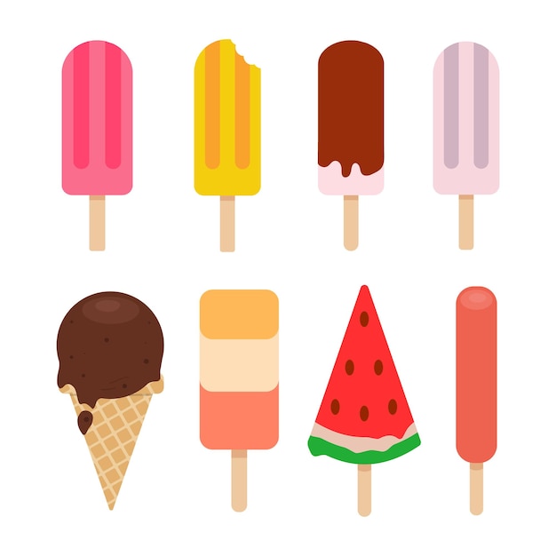 Vector juego de helado cono de helado y barra de helado pastel y colorido aislado en juego de vector rosa