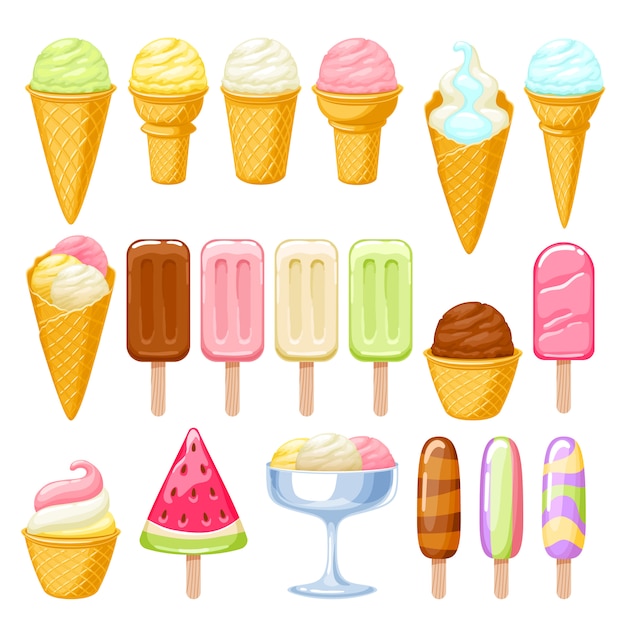 Vector juego de helado. conos de helado y paletas de colores.