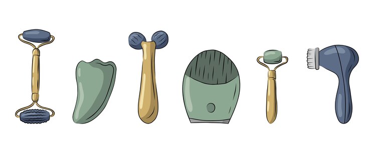 Vector juego de herramientas cosméticas para la piel de autocuidado. bosquejo del kit de masaje facial guasha.