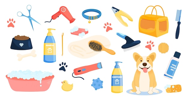 Juego de herramientas para el cuidado del perro, champú, peines, juguetes y herramientas para el cuidado de la lana.