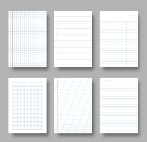 Vector juego de hojas de papel forrado de celdas cuadradas de cuadrícula en blanco a4 para el bloc de notas de la escuela papeles de notas de notas de libros de trabajo realistas con plantilla de maqueta de sombra aislada líneas horizontales abstractas fondo de página a rayas