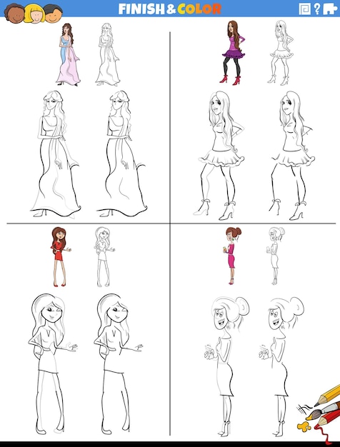 Juego de hojas de trabajo para dibujar y colorear con niñas o mujeres.
