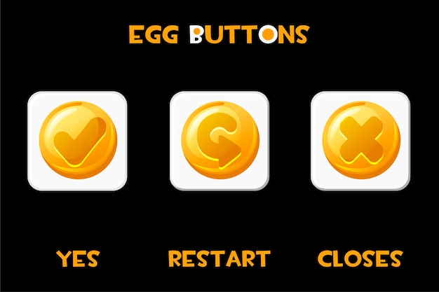 Juego de huevos de botones cuadrados se reinicia, se cierra y sí. Botones de oro blanco aislado para el menú del juego.