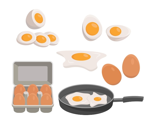 Juego de huevos, huevo cocido, huevo frito en una sartén, huevos en una caja. Ilustración vectorial de alimentos orgánicos saludables