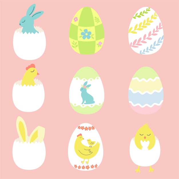 Un juego de huevos de Pascua coloridos decorados con hojas y flores de conejo de pollo