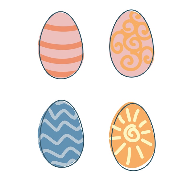 Un juego de huevos de pascua dulces festivos huevos de colores en estilo garabato gráficos vectoriales aislados en fondo blanco