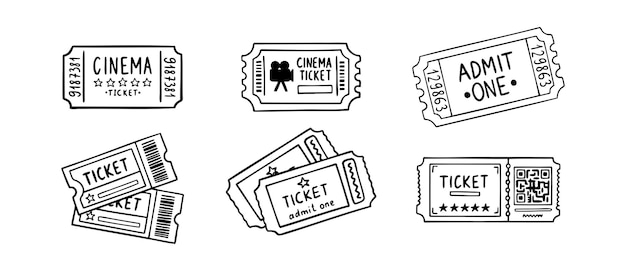 juego de iconos dibujados a mano de billetes de cine dibujo de esquema línea de billetes del cine colección de símbolos de clipart