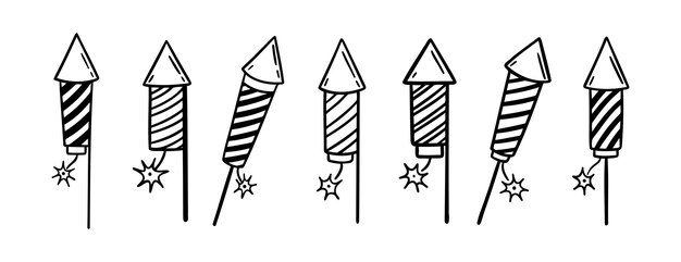 juego de iconos dibujados a mano dibujo de esquema dibujo de fuegos artificiales línea de cohetes colección de símbolos clipart