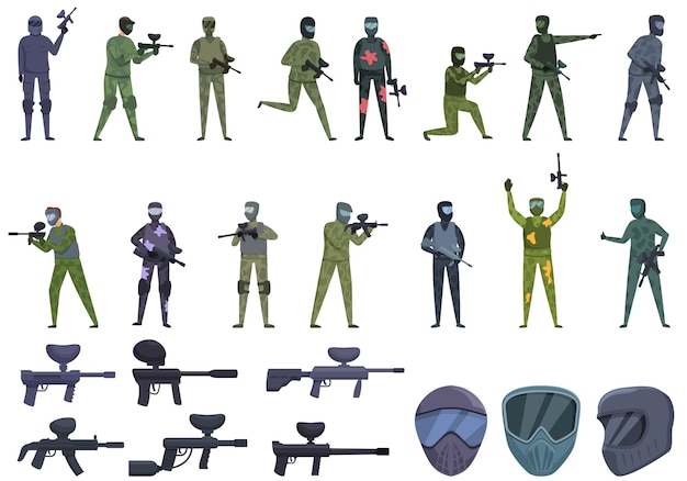 Juego de iconos de paintball vector de dibujos animados jugador de acción