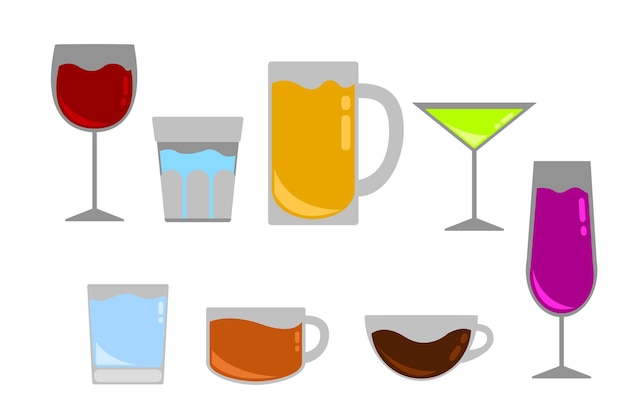 Juego de iconos de vector plano simple de bebida y vidrio para elemento de diseño gráfico relacionado con bebidas.