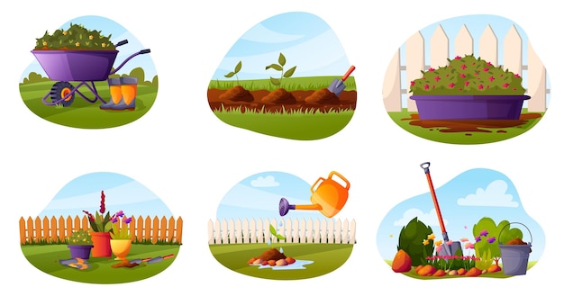 Juego de ilustración de jardín con macetas de carretilla valla arbustos florecientes pala regadera flores equipo de cama de flores hierba verde árboles césped con plantas en crecimiento Ilustración vectorial
