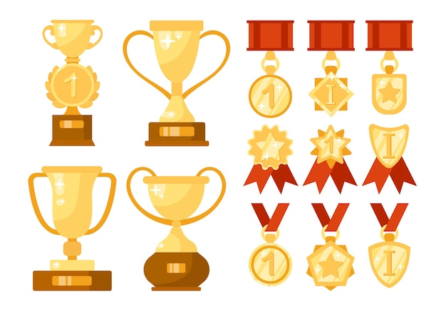 Juego de ilustraciones vectoriales planas de copas y medallas de oro. Colección de diferentes trofeos deportivos dorados o premios para ganadores aislados en fondo blanco. Victoria, éxito, concepto de competencia.