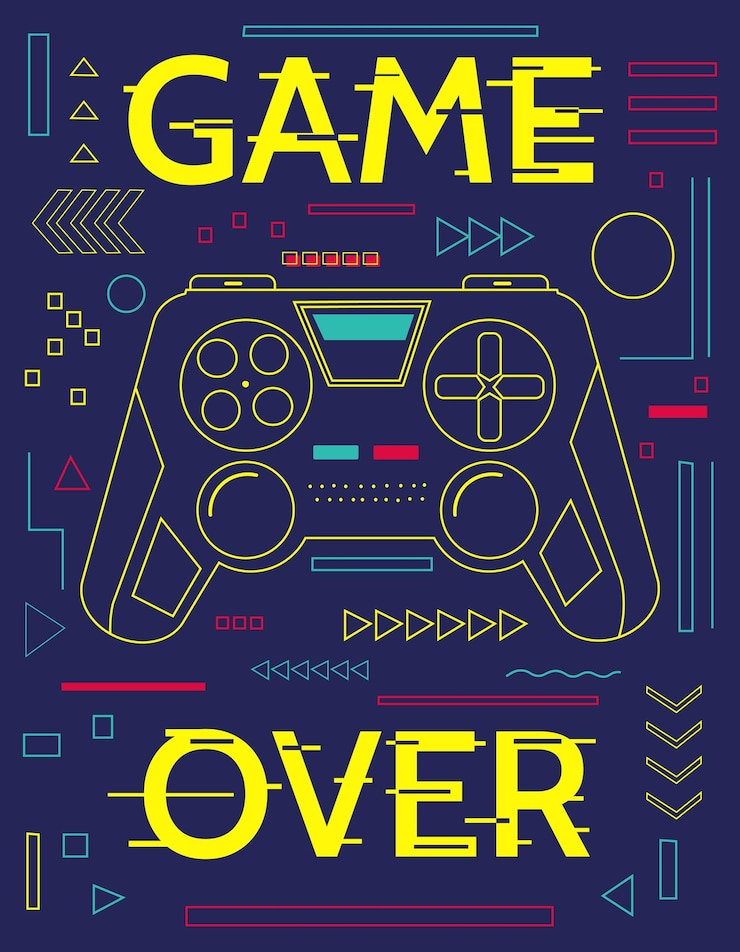 Vector juego de impresión póster mínimo con controlador y formas geométricas abstractas juego sobre banner figuras azules y letras amarillas con efecto de falla graffiti art design vector gamepad