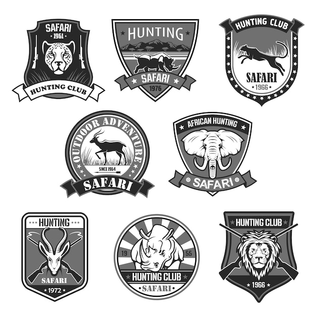 Vector juego de insignias de club de caza de animales de safari africano