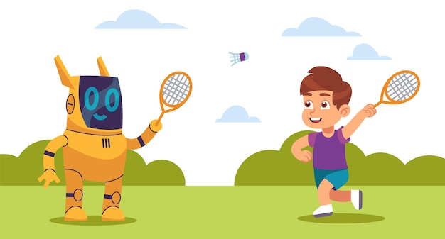 Juego con inteligencia artificial torneo deportivo niño de dibujos animados jugar al tenis con un lindo robot actividad de ocio cibernético futurista y adolescente lanzando pelota concepto vectorial