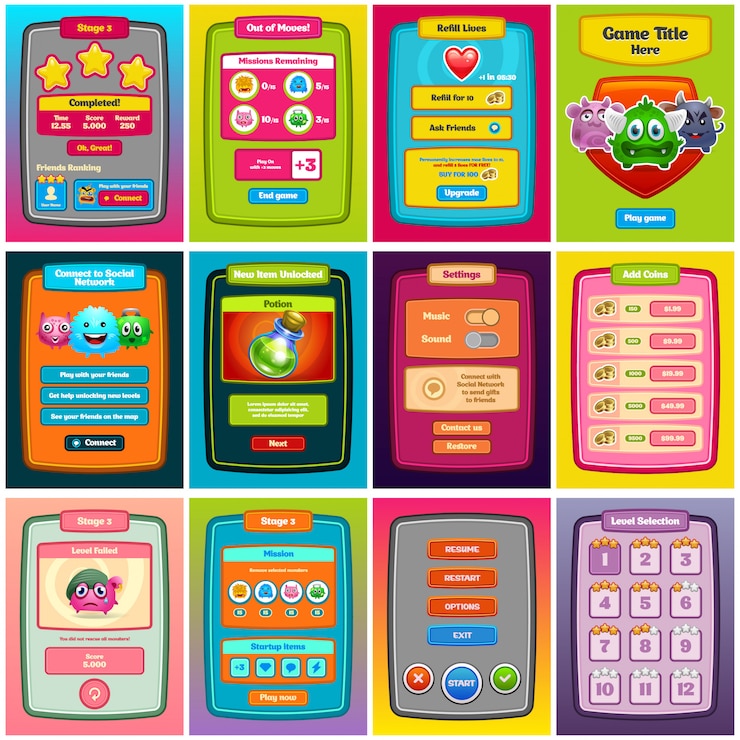 Vector juego de interfaz. interfaz de usuario de juegos para diseño web y juegos de computadora. .