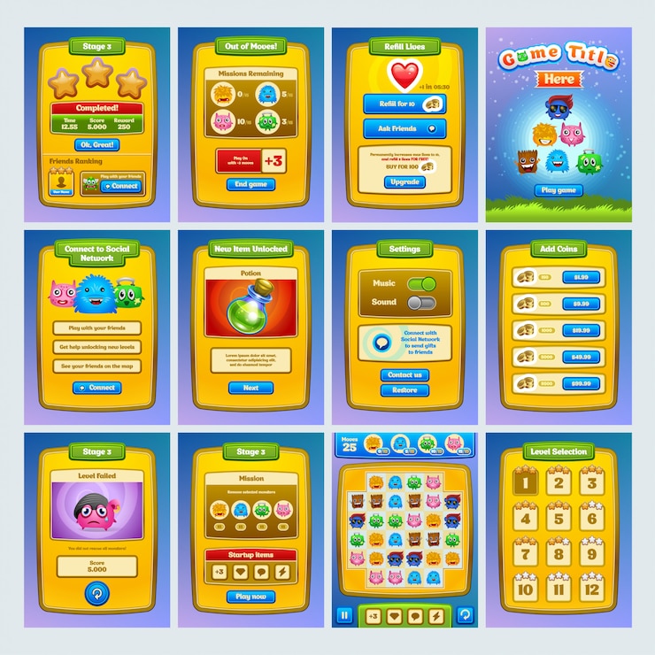 Vector juego de interfaz. todas las pantallas que necesitas para tu juego. .