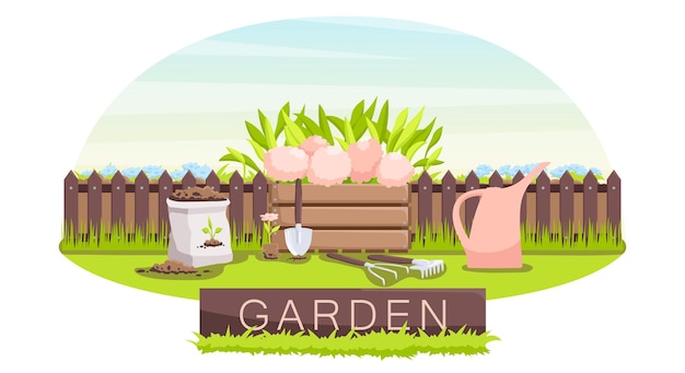 Vector juego de jardín en el patio trasero con maceta de flores de peonía pala de bolsa de suelo y regadera de horca valla marrón en el fondo equipo de jardinería césped con flores en macetas pasatiempo de verano ilustración vectorial