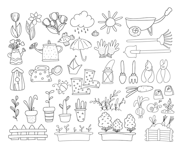 Juego de jardinería y primavera, elementos dibujados a mano: flores, casas, pájaros. Jardineros Y Maquinaria Agrícola Conjunto De Objetos.