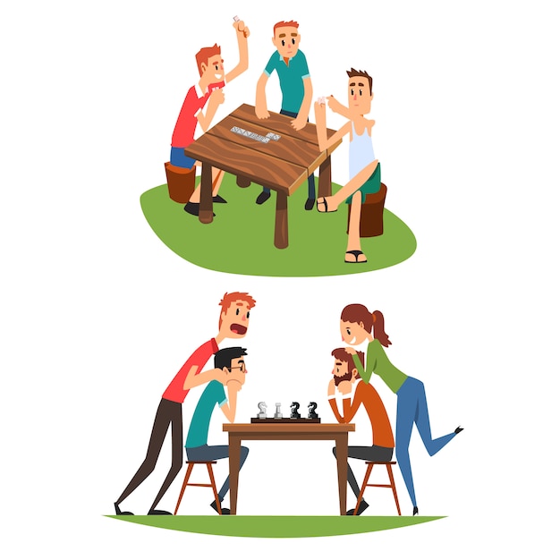 Juego de juegos de mesa, amigos jugando dominó y ajedrez, un grupo de amigos para pasar tiempo juntos ilustración