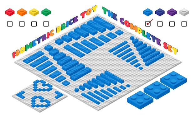 Juego de juguetes de ladrillo azul 3d para niños en estilo isométrico. Diseño de vector de juego de juguete de ladrillo de plástico