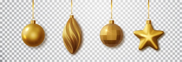 Juego de juguetes de Navidad de oro con aislado sobre fondo transparente Decoración de Navidad de oro colgante realista