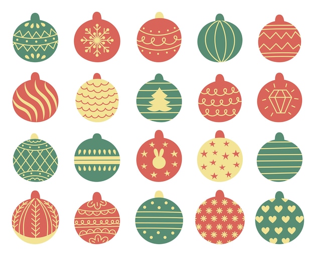 Juego de juguetes navideños decorativos para el árbol, bola con estampado. ilustración de vector dibujado a mano símbolo de vacaciones tradicional