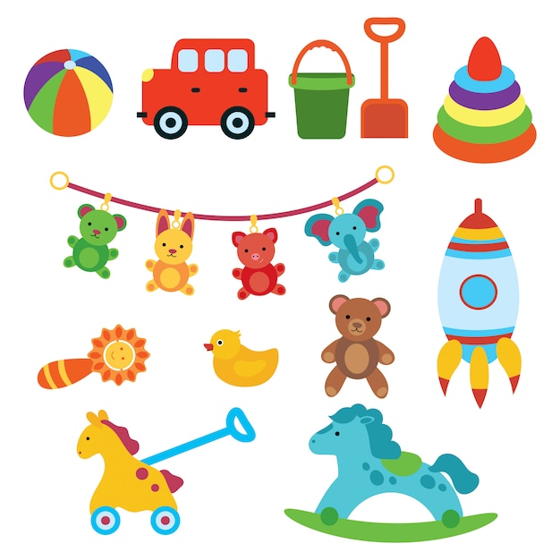 Vector juego de juguetes para niños. ilustración para niños. coche de juguete. cohete.