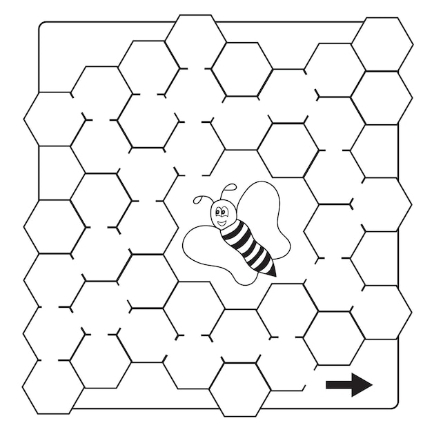 Juego de laberinto de abejas de dibujos animados. Vector para colorear páginas de libros para niños