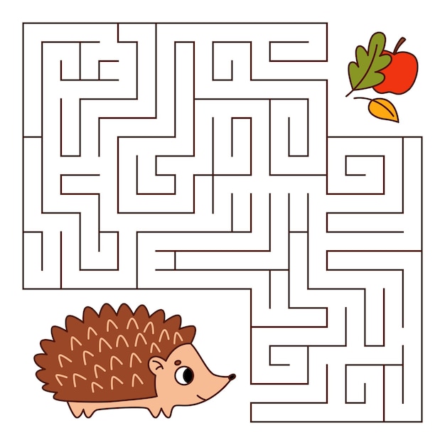 Juego de laberinto de animales para niños Erizo lindo buscando un camino a la manzana y las hojas