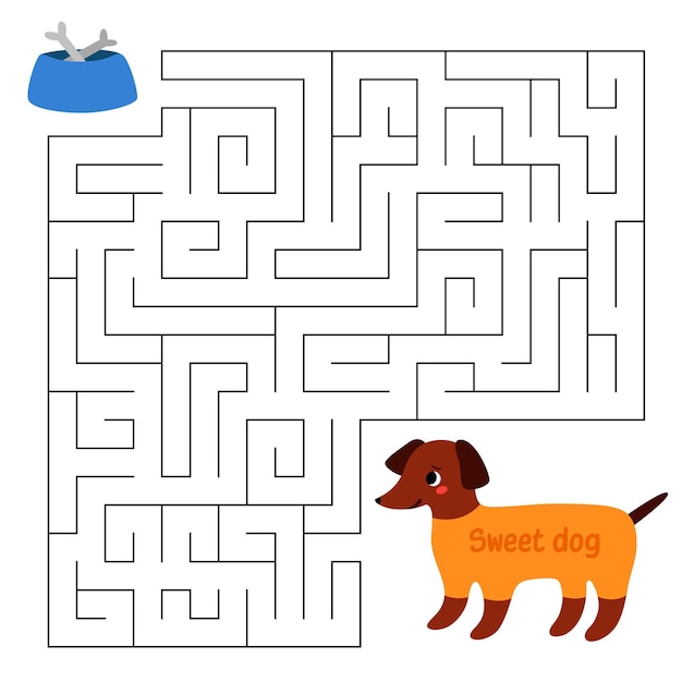 Juego de laberinto de animales para niños Perro lindo buscando un camino al cuenco de huesos Hoja de trabajo imprimible con solución para escuela y preescolar