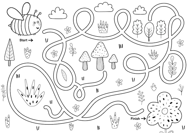 Juego de laberinto en blanco y negro para niños Ayuda a la linda abeja a encontrar el camino hacia la flor Actividad de laberinto imprimible para niños
