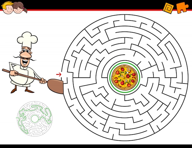 Juego de laberinto de dibujos animados con chef y pizza