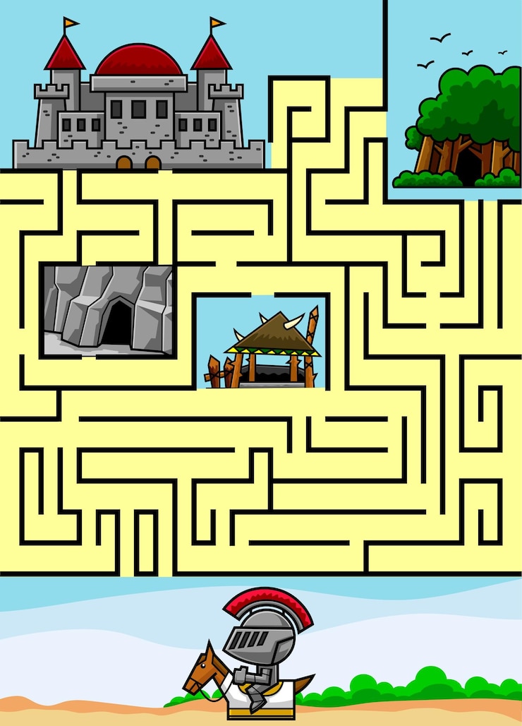 Vector juego de laberinto de dibujos animados educación para niños ayuda al caballero a atravesar los obstáculos y llegar al castillo