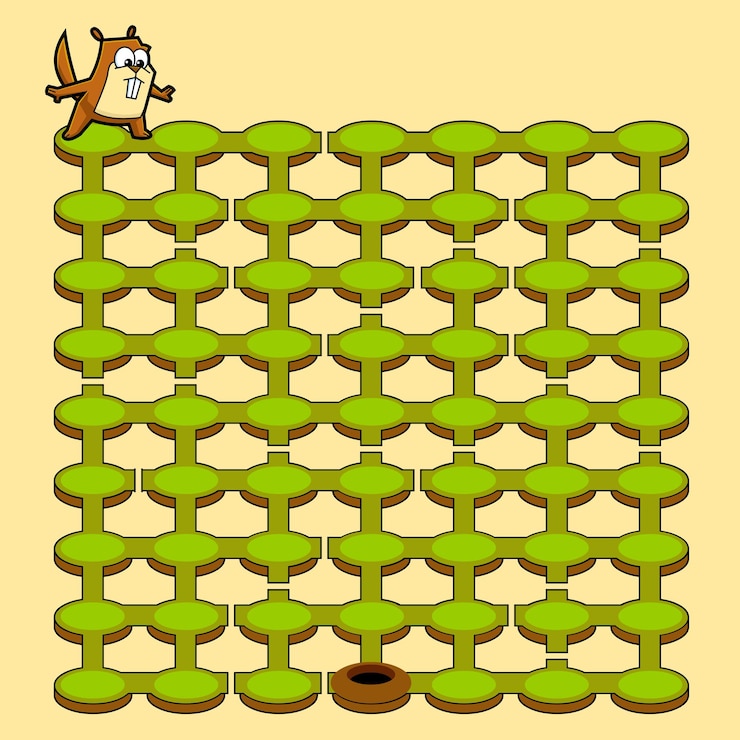 Vector juego de laberinto de dibujos animados educación para niños ayuda a gopher a llegar a su agujero. ilustración dibujada a mano vectorial