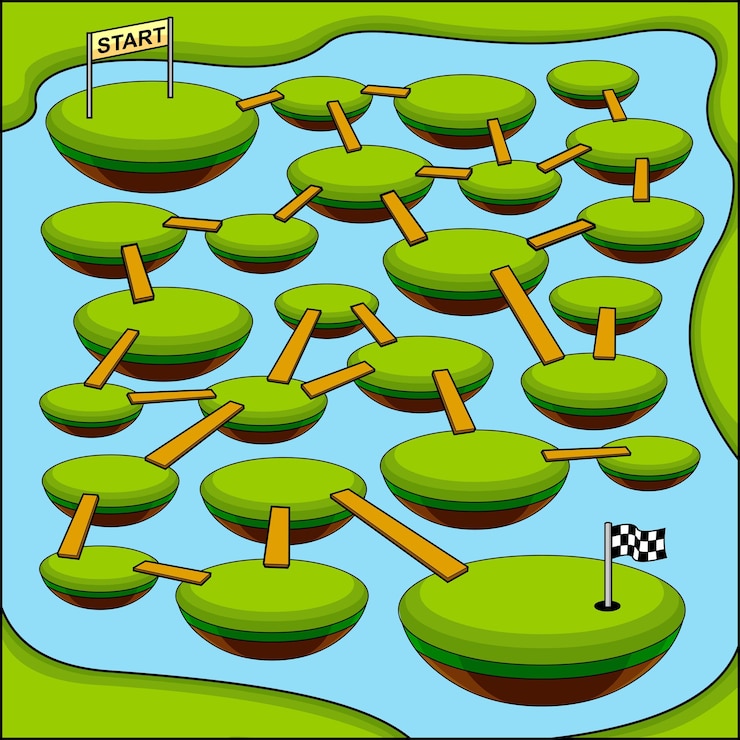 Vector juego de laberinto de dibujos animados educación para niños combina los obstáculos de agua para llegar a la final