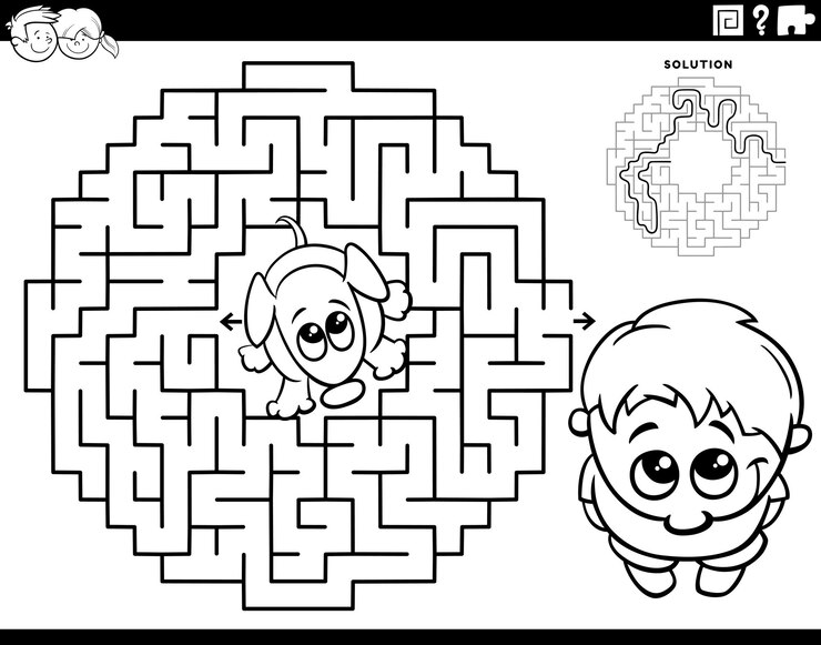 Vector juego de laberinto con dibujos animados niño pequeño y cachorro página de colorear