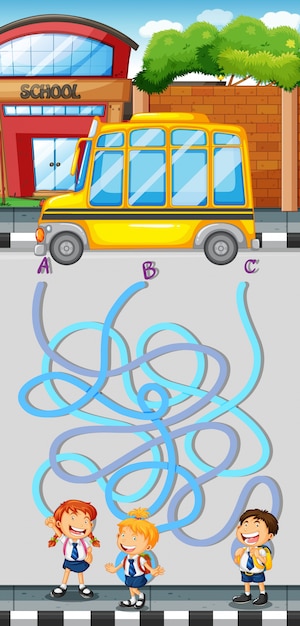 Juego de laberinto con estudiantes y autobús escolar