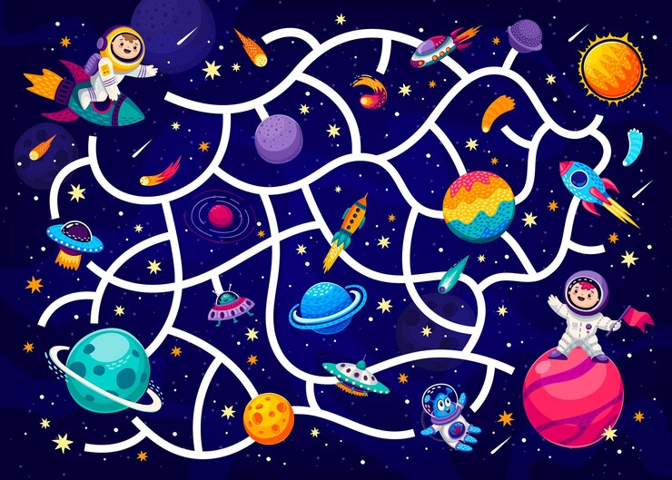 Vector juego de laberinto galáctico ayuda al niño a encontrar un amigo