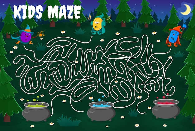 Juego de laberinto Laberinto Ayuda a los magos de minerales y micronutrientes de dibujos animados a encontrar una poción mágica Juego de mesa vectorial para niños con hechiceros de cápsulas de suplemento P Fe Mg que buscan ollas en el camino enredado de Halloween