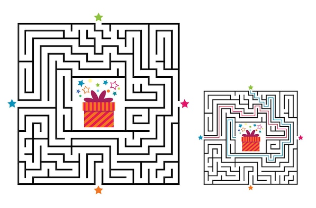 Juego de laberinto de laberinto cuadrado para niños. Enigma de la lógica del laberinto. Cuatro entradas.
