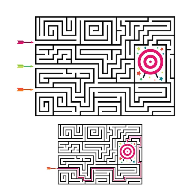 Juego de laberinto de laberinto cuadrado para niños. Enigma de lógica laberinto con destino y flechas.