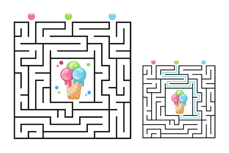Vector juego de laberinto de laberinto cuadrado para niños con helado. enigma de la lógica del laberinto. tres entradas y un camino correcto a seguir.