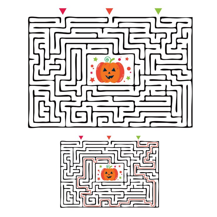 Vector juego de laberinto de laberinto de halloween rectangular para niños. enigma de la lógica del laberinto. tres entradas y un camino correcto a seguir.