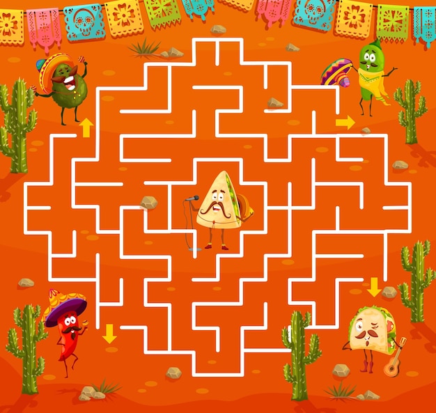 Juego de laberinto de laberinto para niños con comidas de comida mexicana.