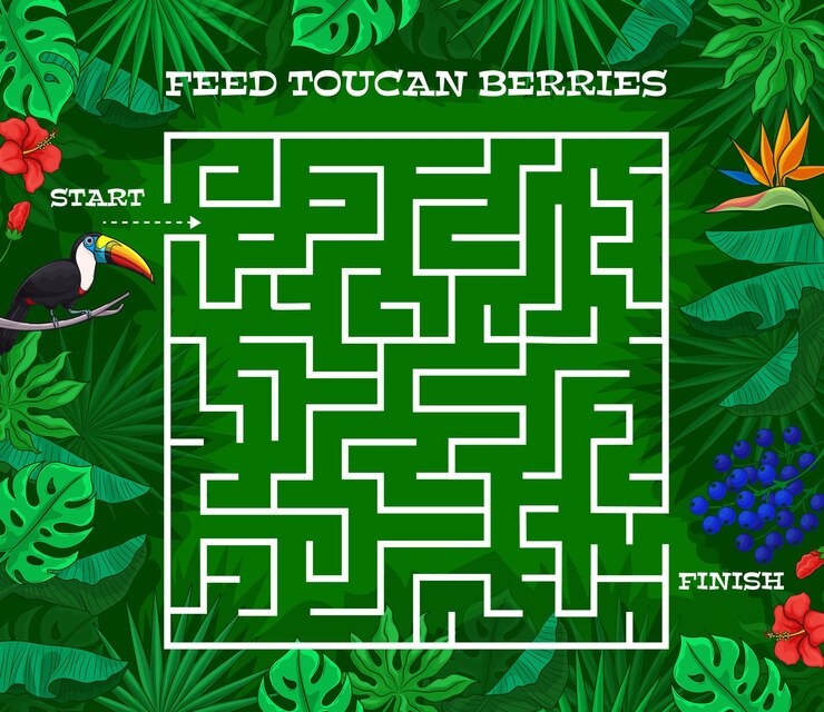 Vector juego de laberinto de laberinto para niños, pájaro tucán de dibujos animados en hojas de la selva, acertijo de mesa vectorial. juego de mesa para niños o rompecabezas de encontrar el camino, laberinto laberinto con tucán tropical en palmeras de la jungla y flores de actualidad