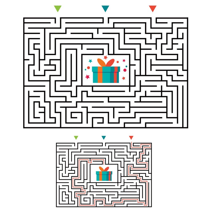 Vector juego de laberinto laberinto rectangular para niños. enigma de la lógica del laberinto. tres entradas y un camino correcto a seguir.
