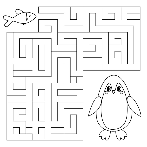 Juego de laberinto de línea de invierno para niños pingüino lindo buscando un camino a los peces